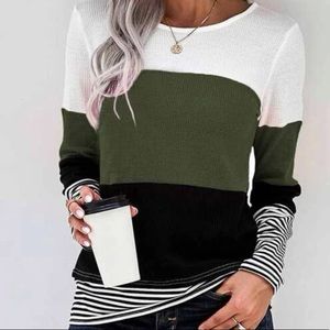 Color-block Striped Panel Waffle Knit Top